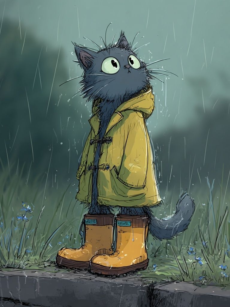 Cat in Raincoat — Illustration Print. poster — illustration art