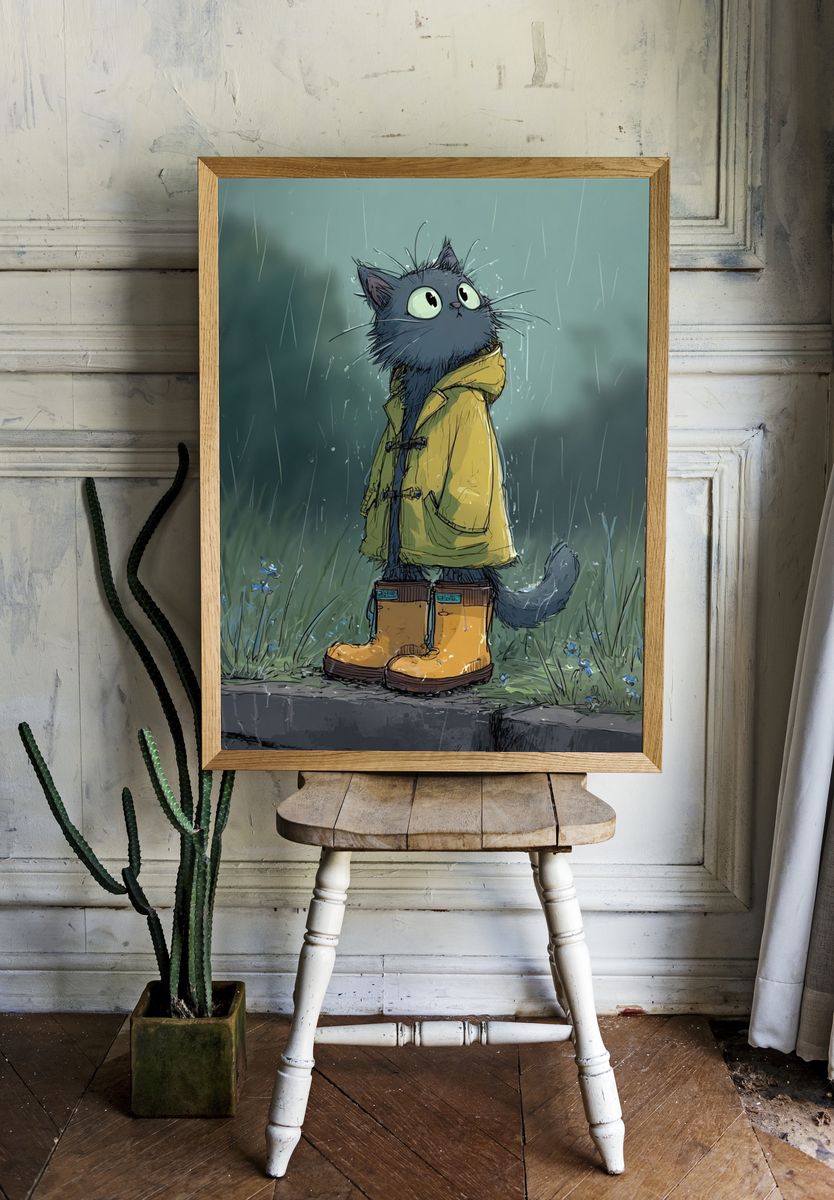Cat in Raincoat — Illustration Print. — room view 1