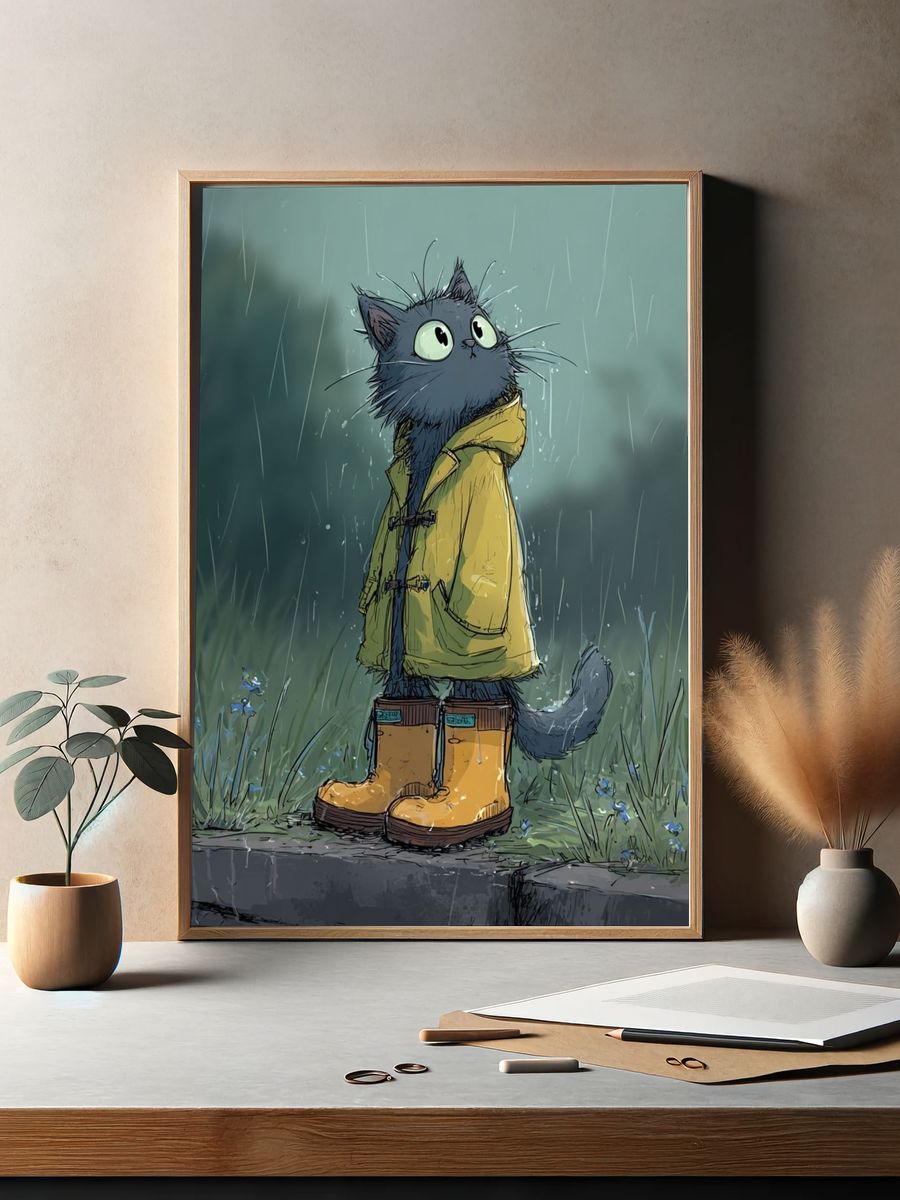 Cat in Raincoat — Illustration Print. — room view 2