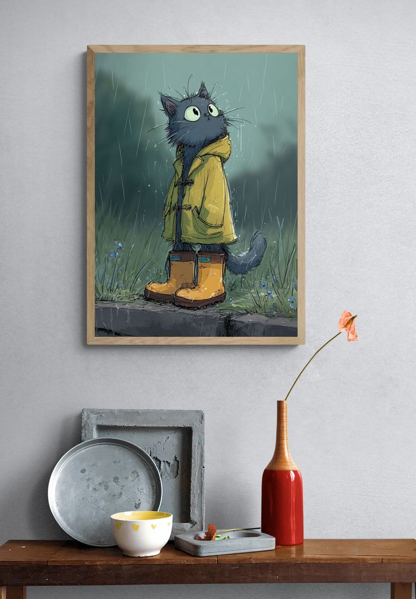 Cat in Raincoat — Illustration Print. — room view 3