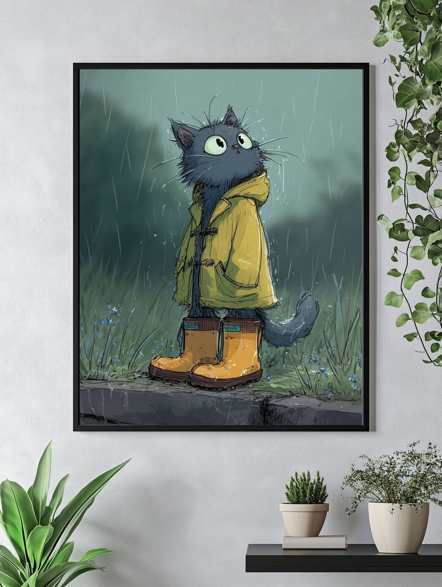 Cat in Raincoat — Illustration Print. — room view 4