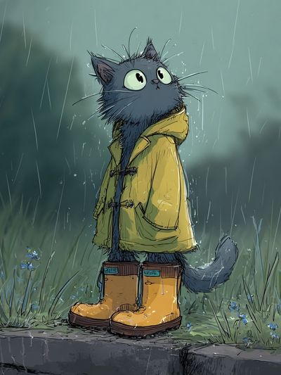 Cat in Raincoat — Illustration Print. poster