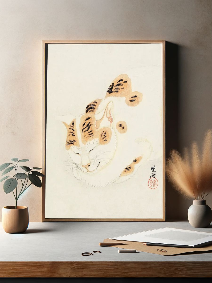 Sleeping Cat Ink Illustration Poster. — room view 2