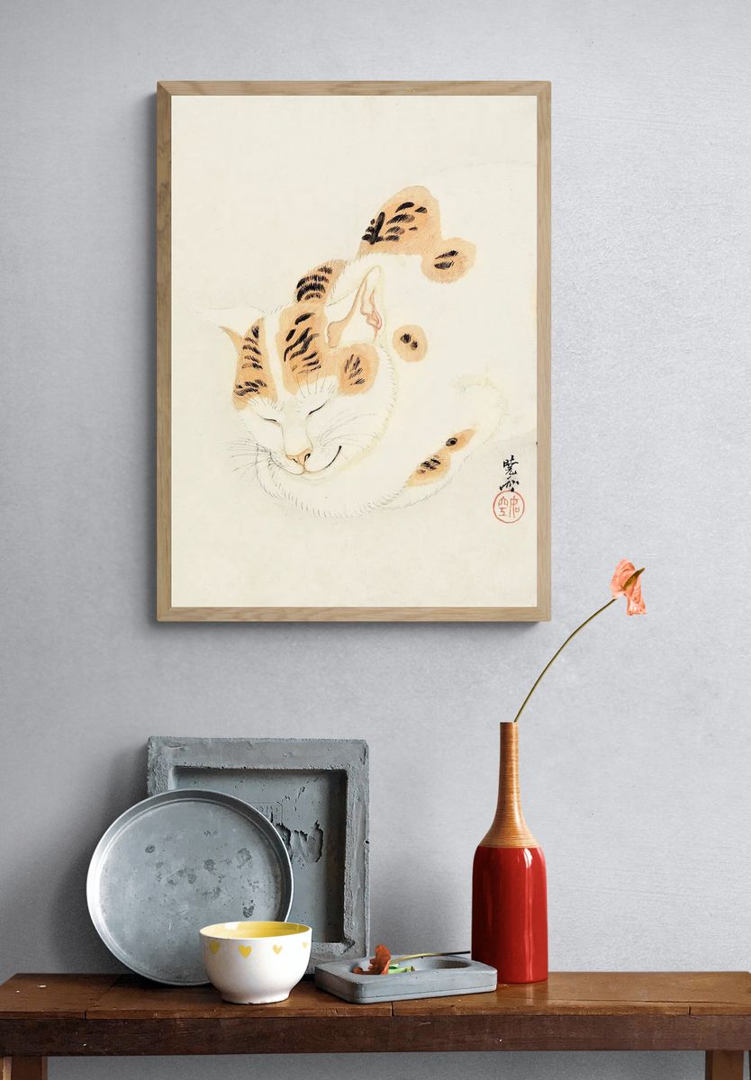 Sleeping Cat Ink Illustration Poster. — room view 3