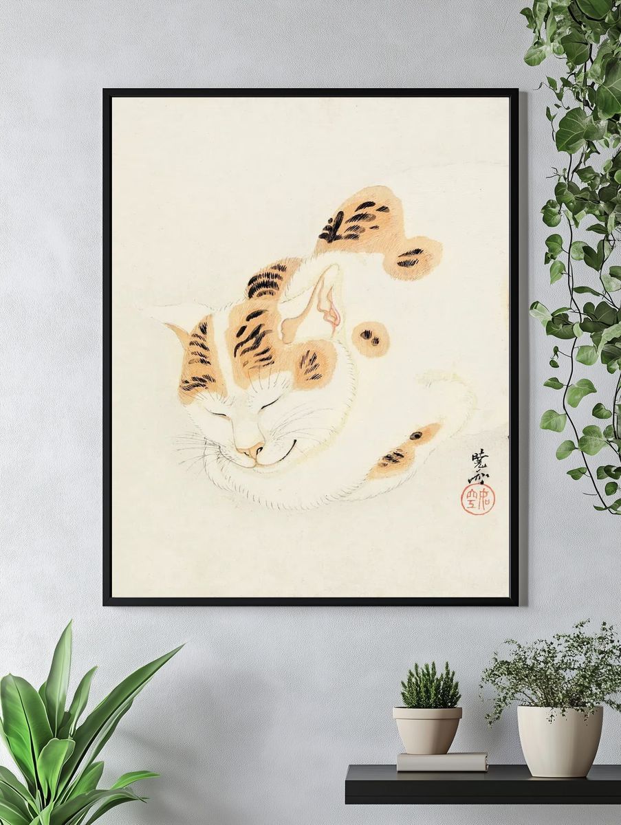 Sleeping Cat Ink Illustration Poster. — room view 4