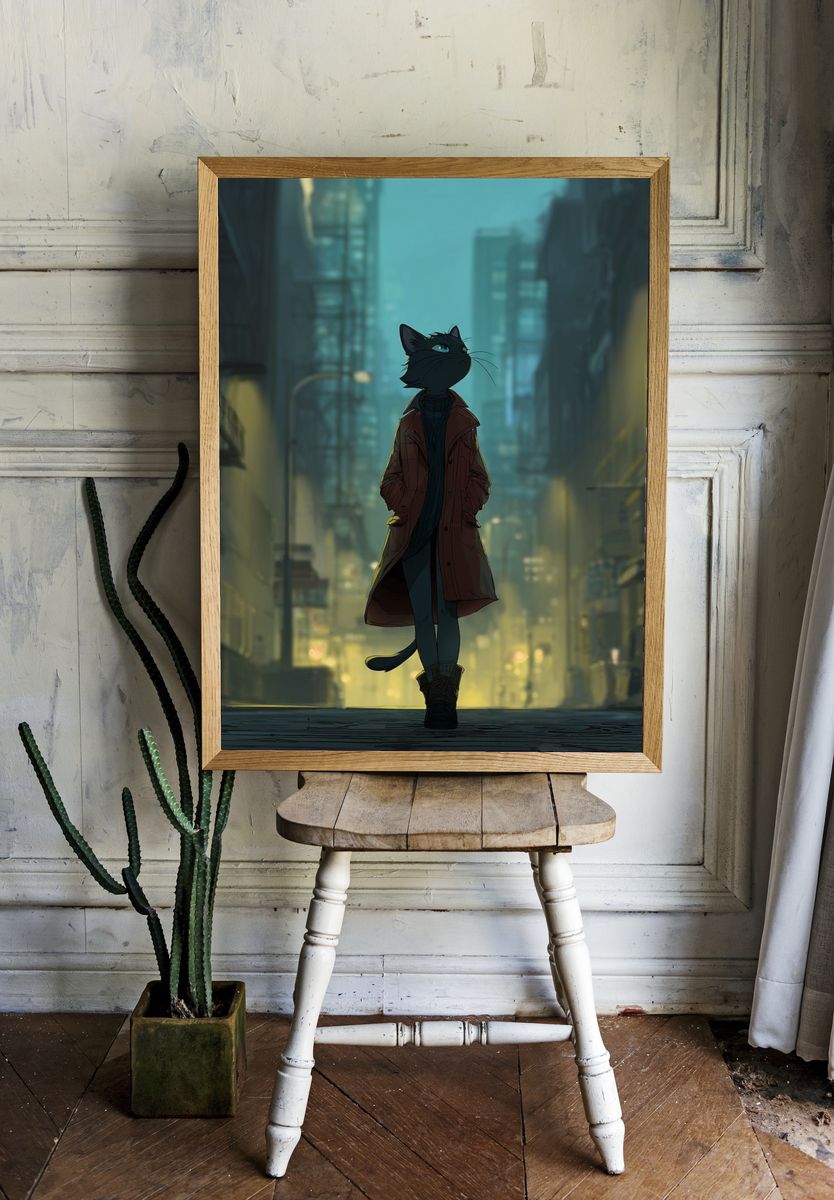 Cat in a Cityscape — Digital Art Print. — room view 1