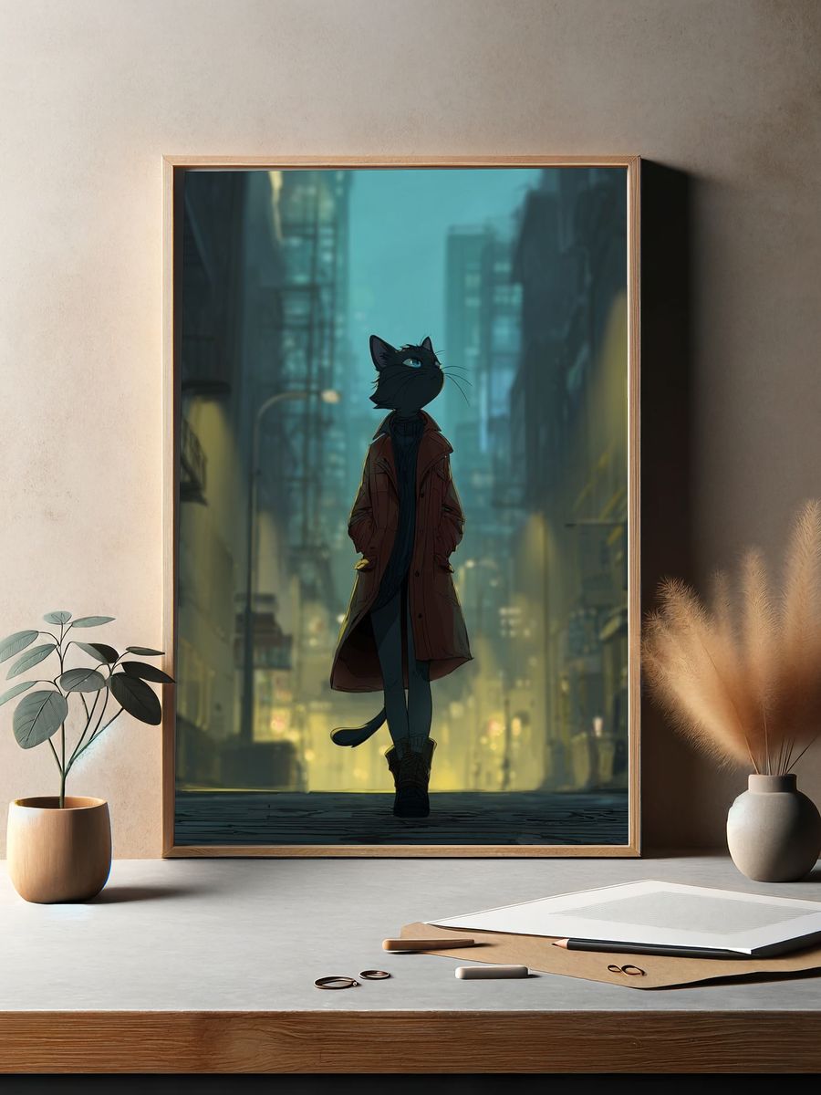 Cat in a Cityscape — Digital Art Print. — room view 2