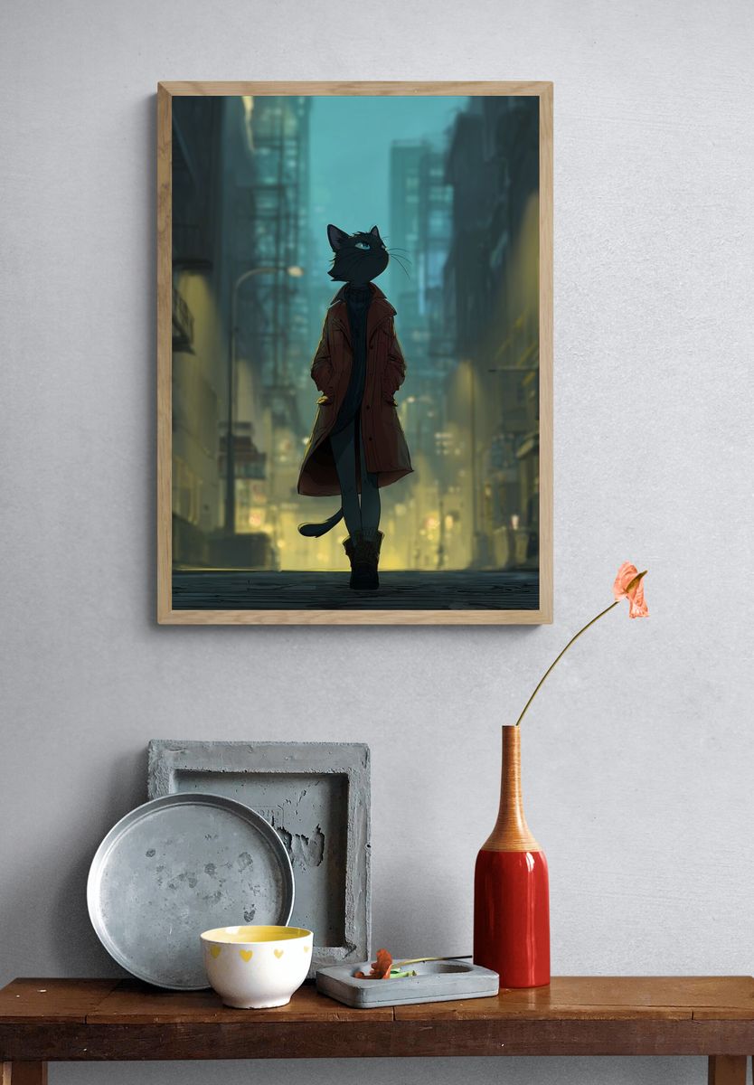 Cat in a Cityscape — Digital Art Print. — room view 3
