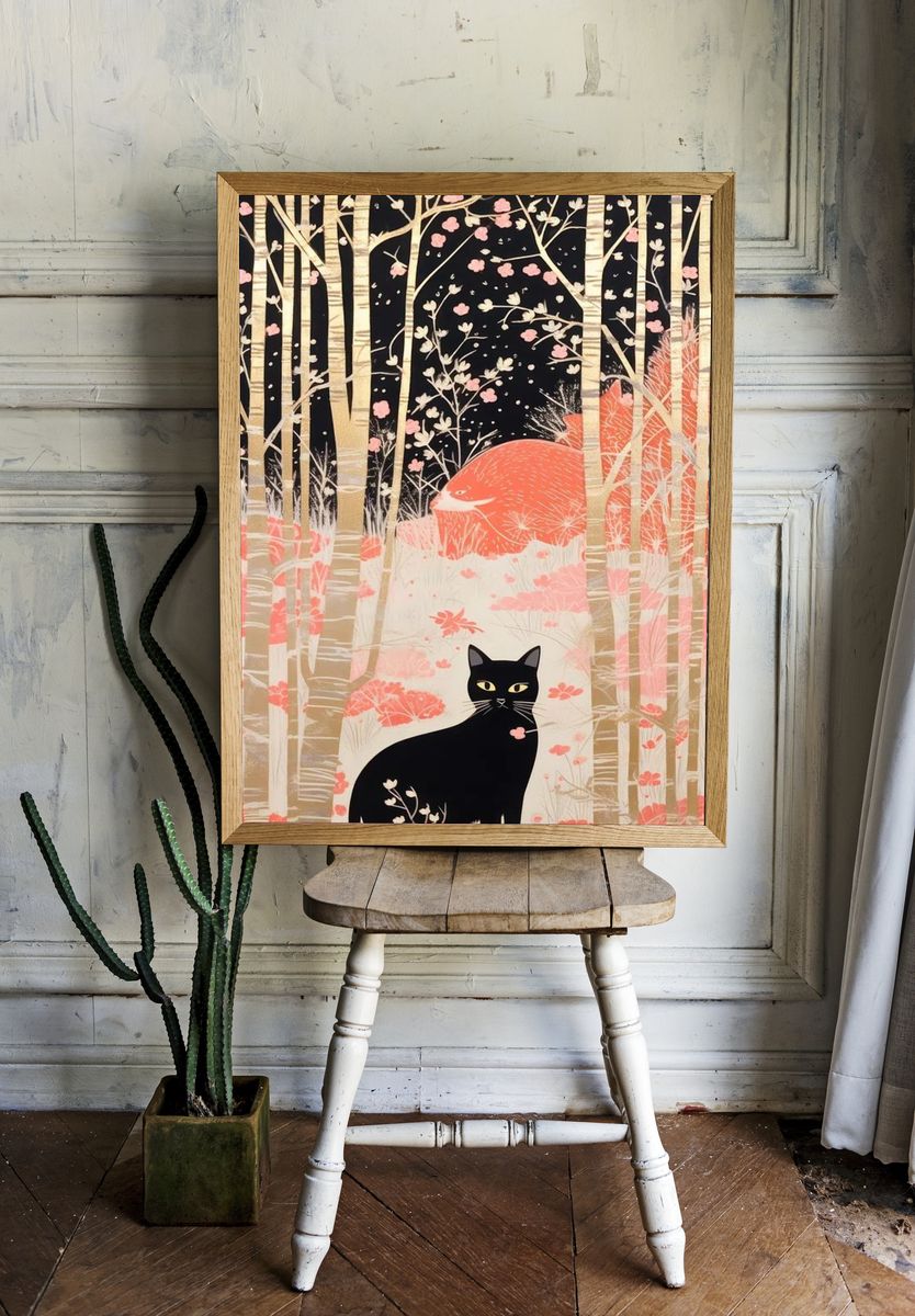 Black Cat Forest Illustration Poster. room preview
