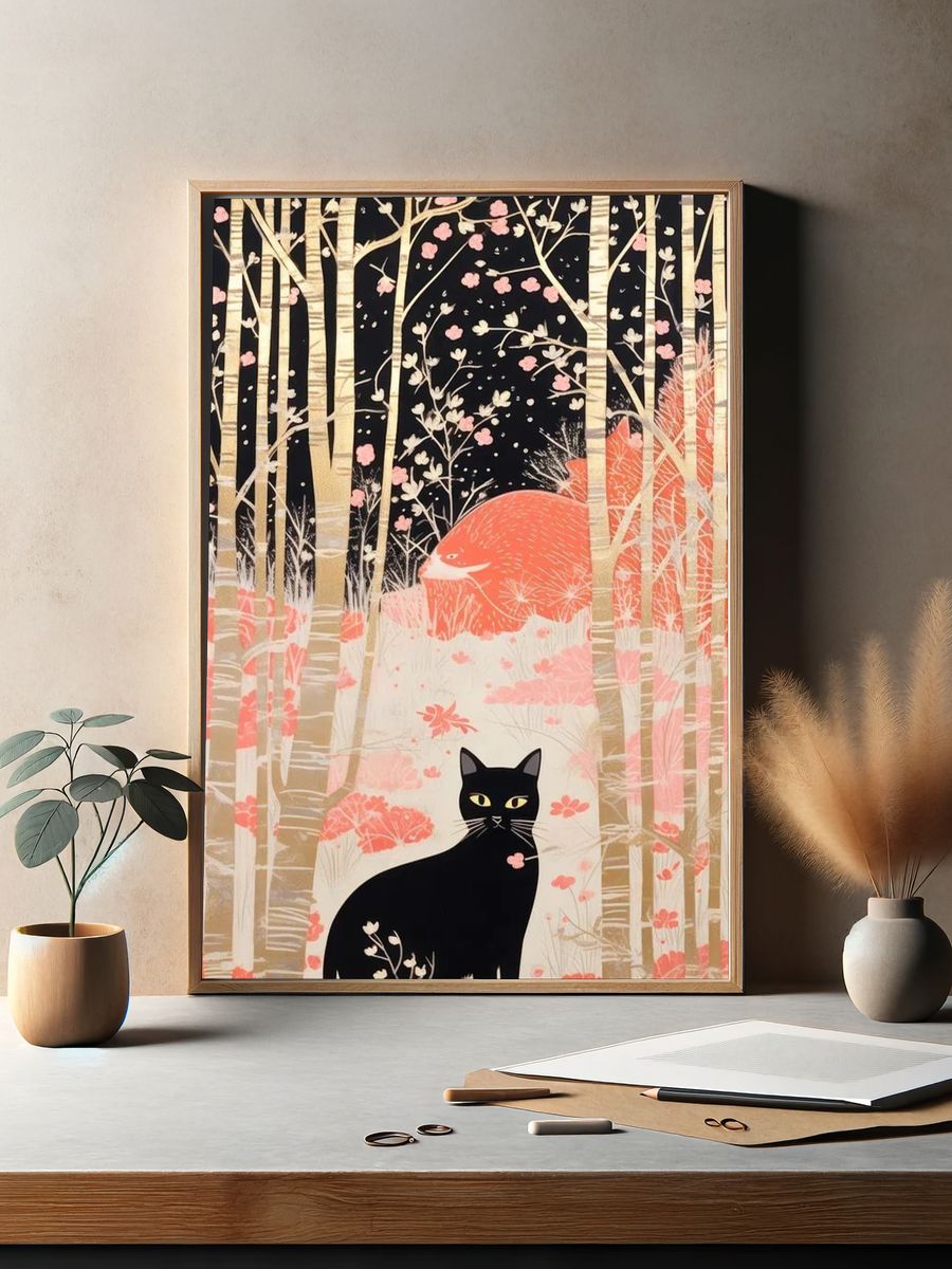 Black Cat Forest Illustration Poster. — room view 2