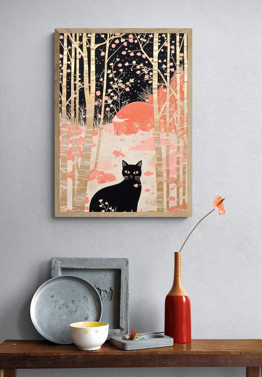 Black Cat Forest Illustration Poster. — room view 3