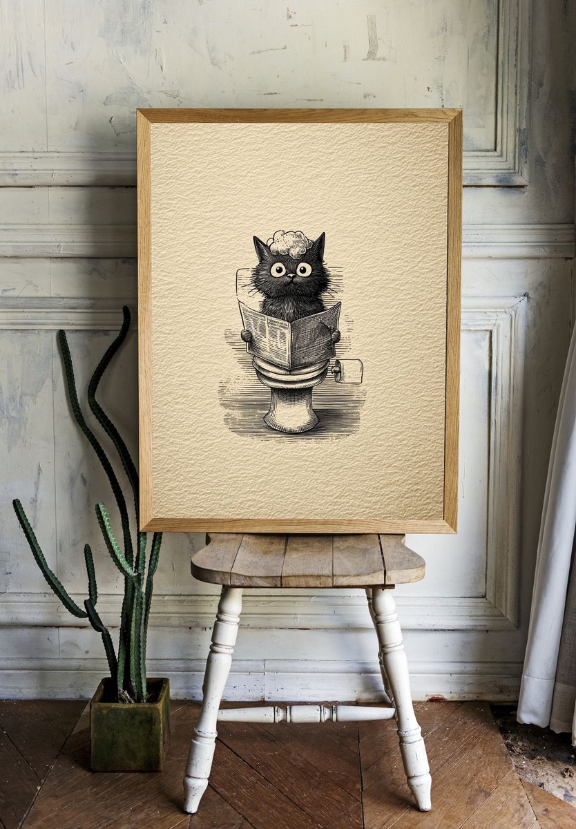 Cat on Toilet Illustration Poster. — room view 1