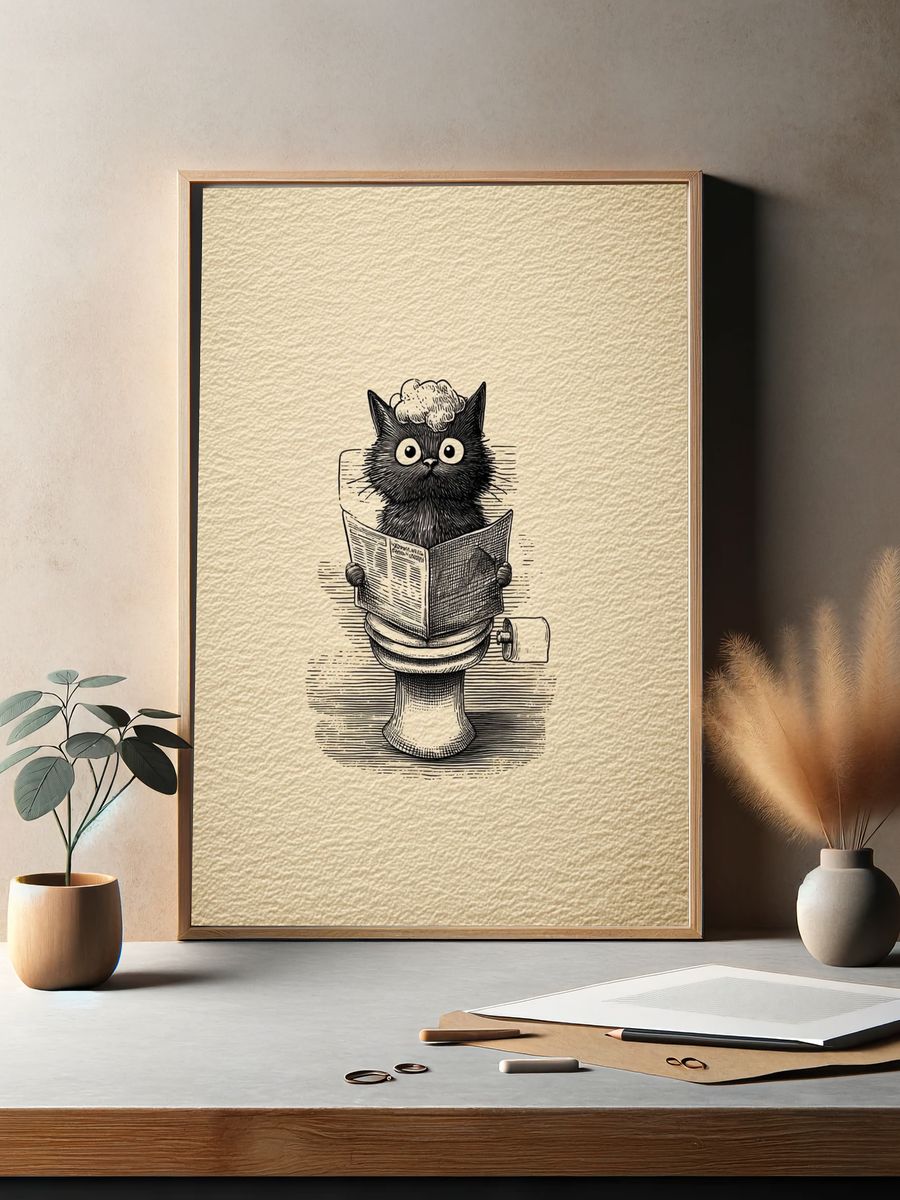 Cat on Toilet Illustration Poster. — room view 2
