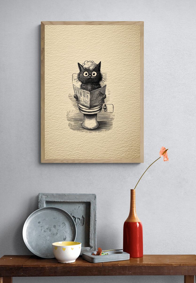 Cat on Toilet Illustration Poster. — room view 3