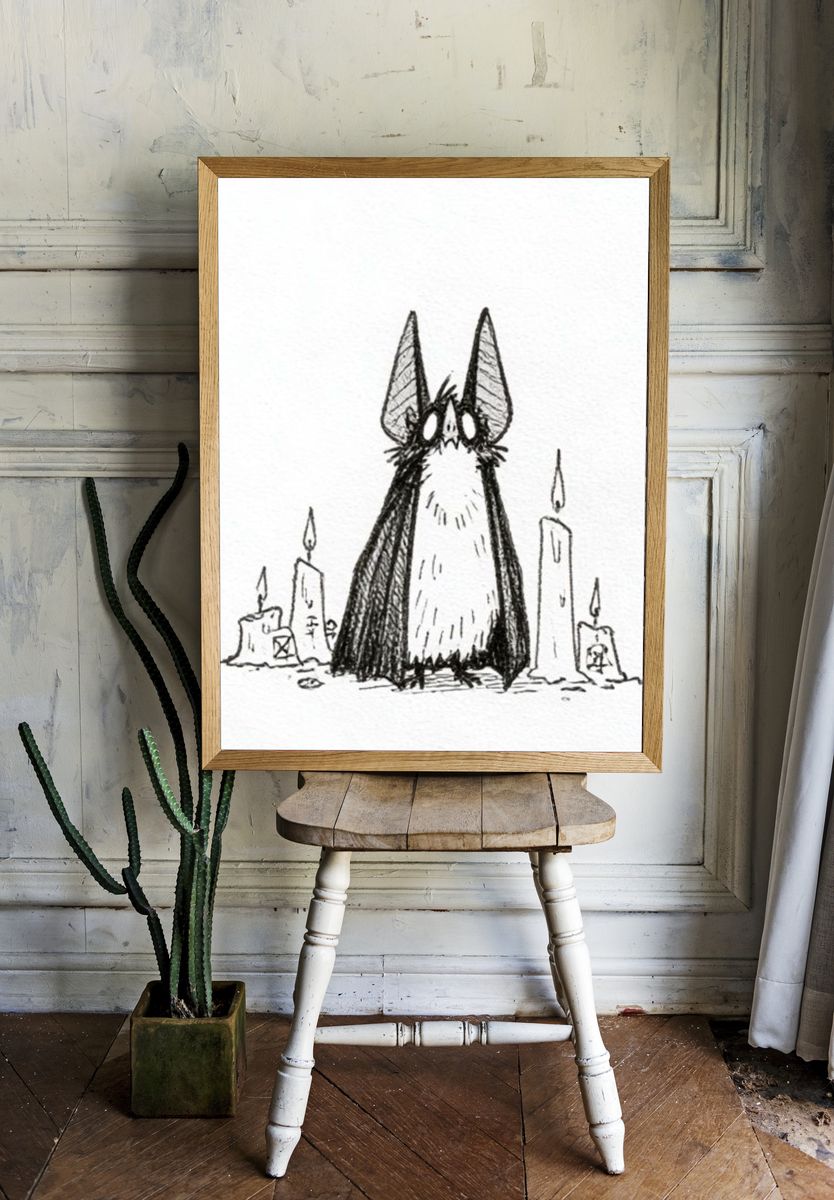 Cat and Candles Ink Poster. — room view 1