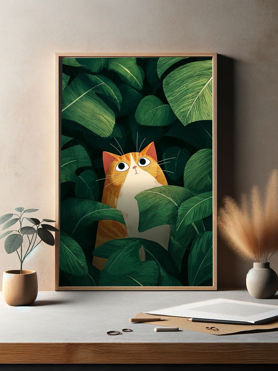 Curious Cat in Leaves — Illustration Print. — room view 2