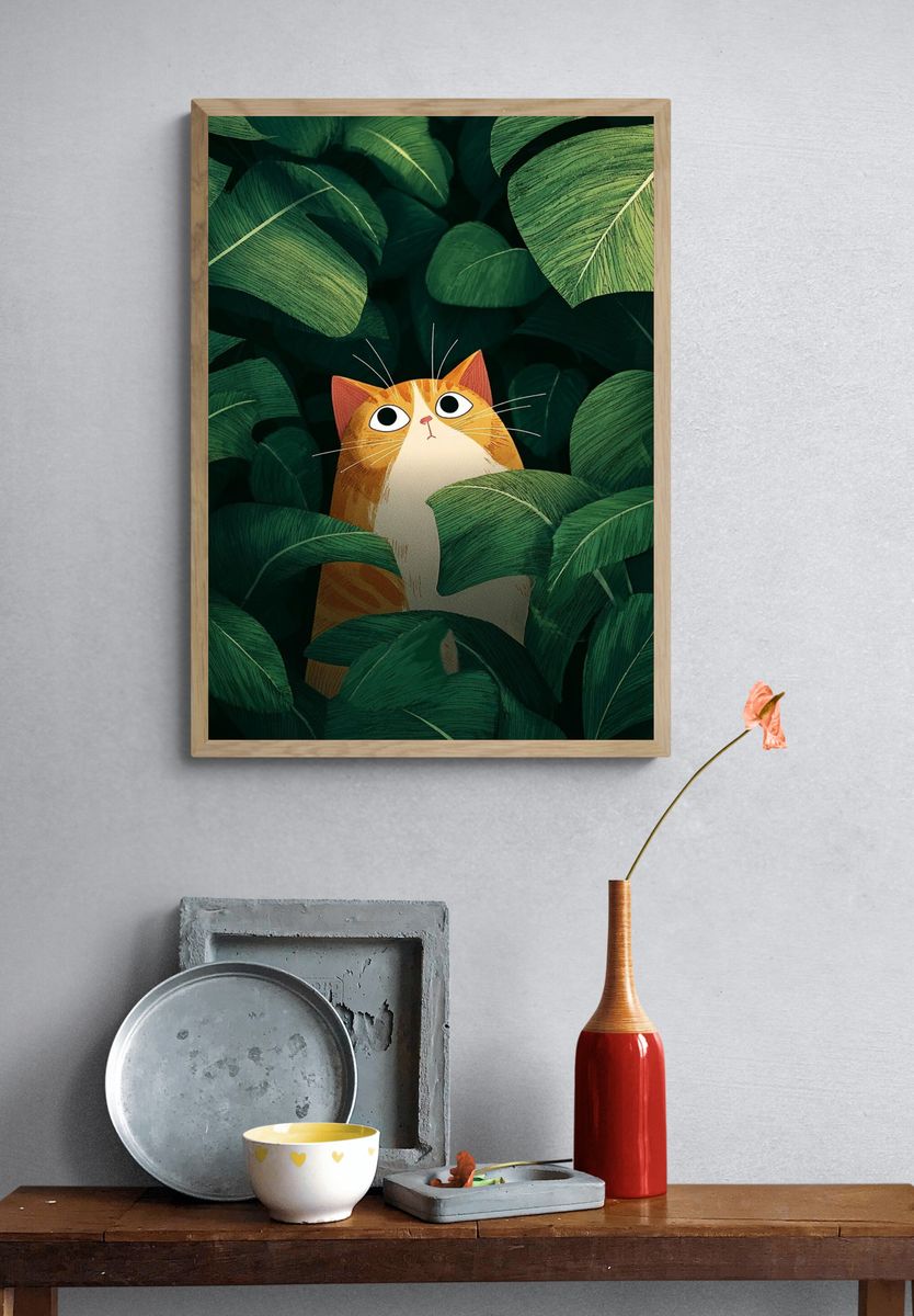 Curious Cat in Leaves — Illustration Print. — room view 3