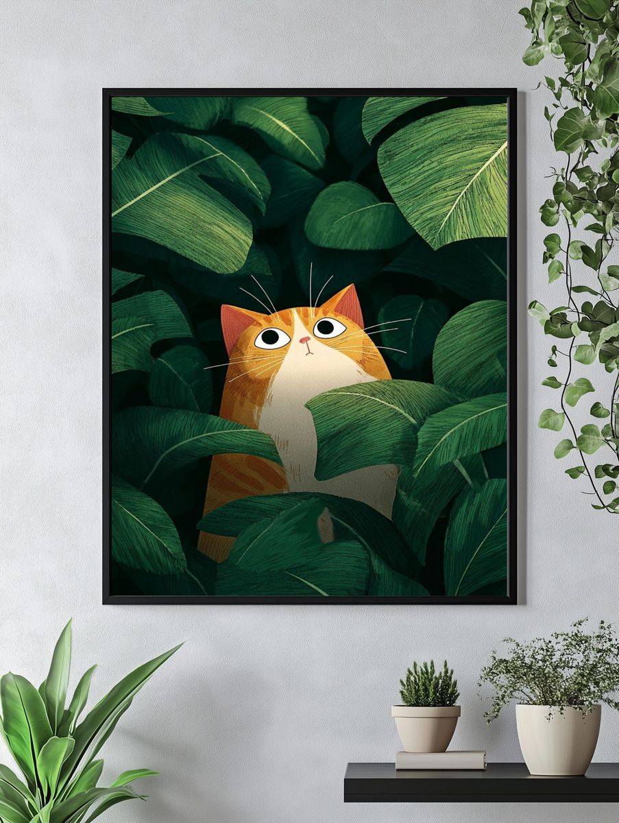Curious Cat in Leaves — Illustration Print. — room view 4
