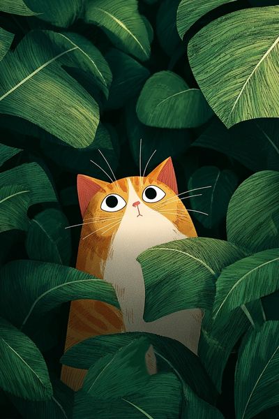 Curious Cat in Leaves — Illustration Print. poster print