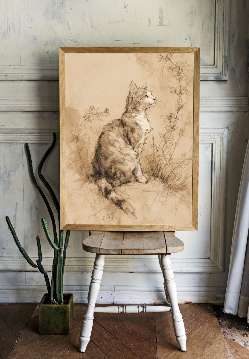 Sepia Cat Sketch Poster. — room view 1