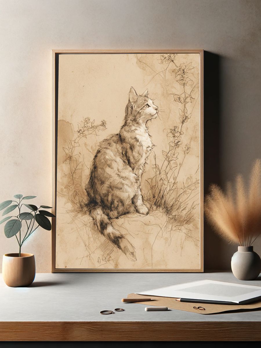 Sepia Cat Sketch Poster. — room view 2