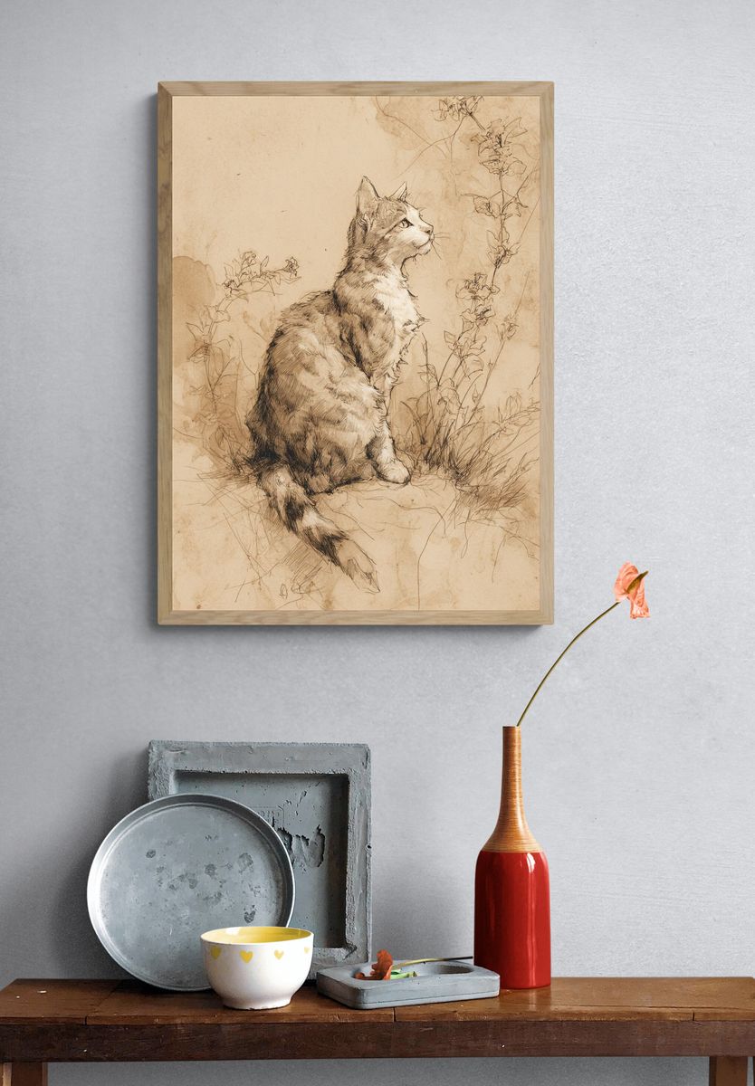 Sepia Cat Sketch Poster. — room view 3