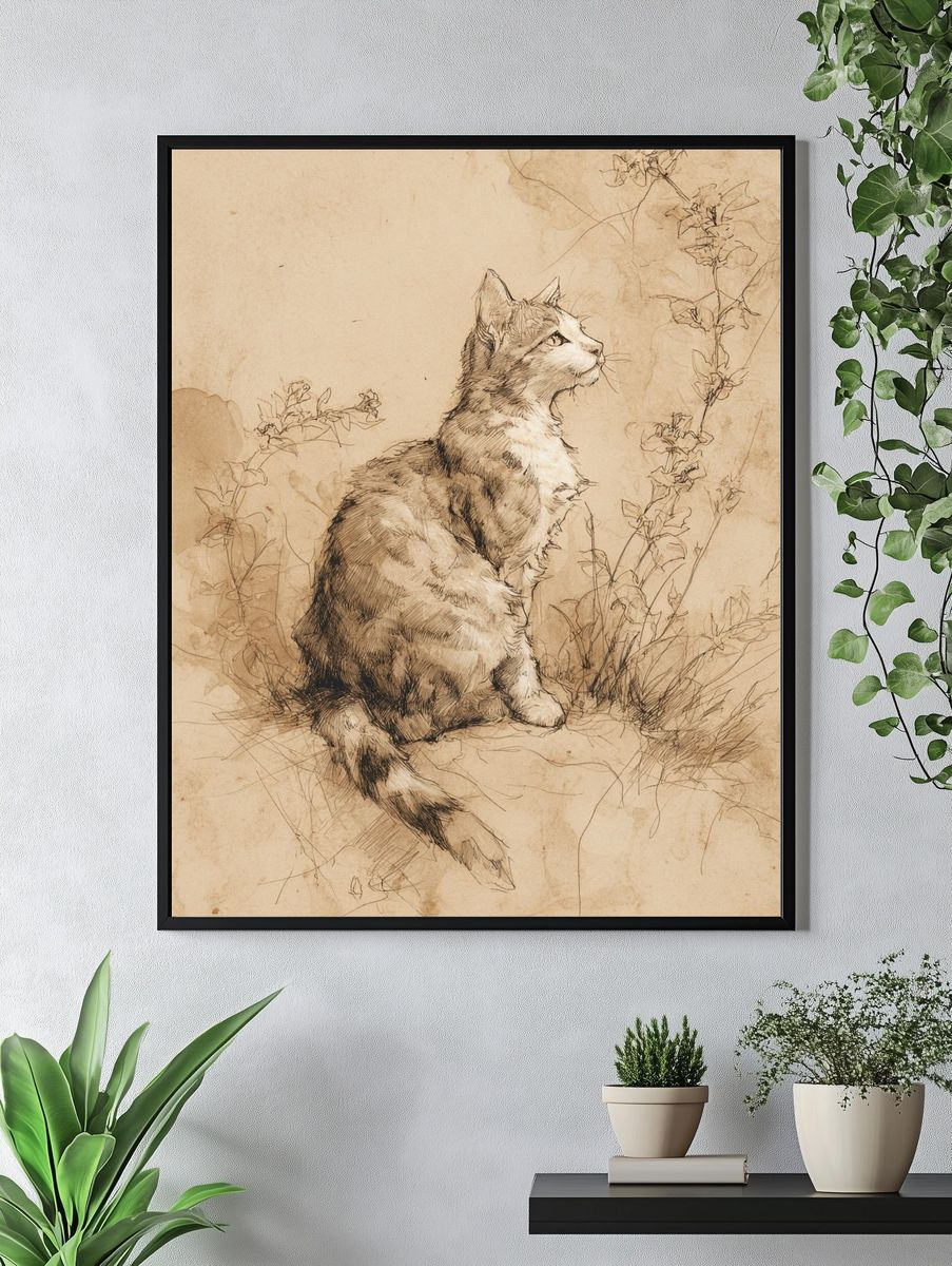 Sepia Cat Sketch Poster. — room view 4