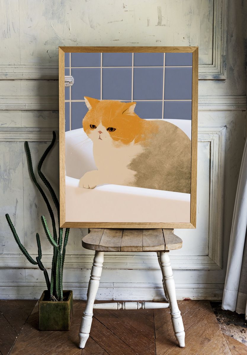 Cat in Bathtub Illustration Poster. room preview