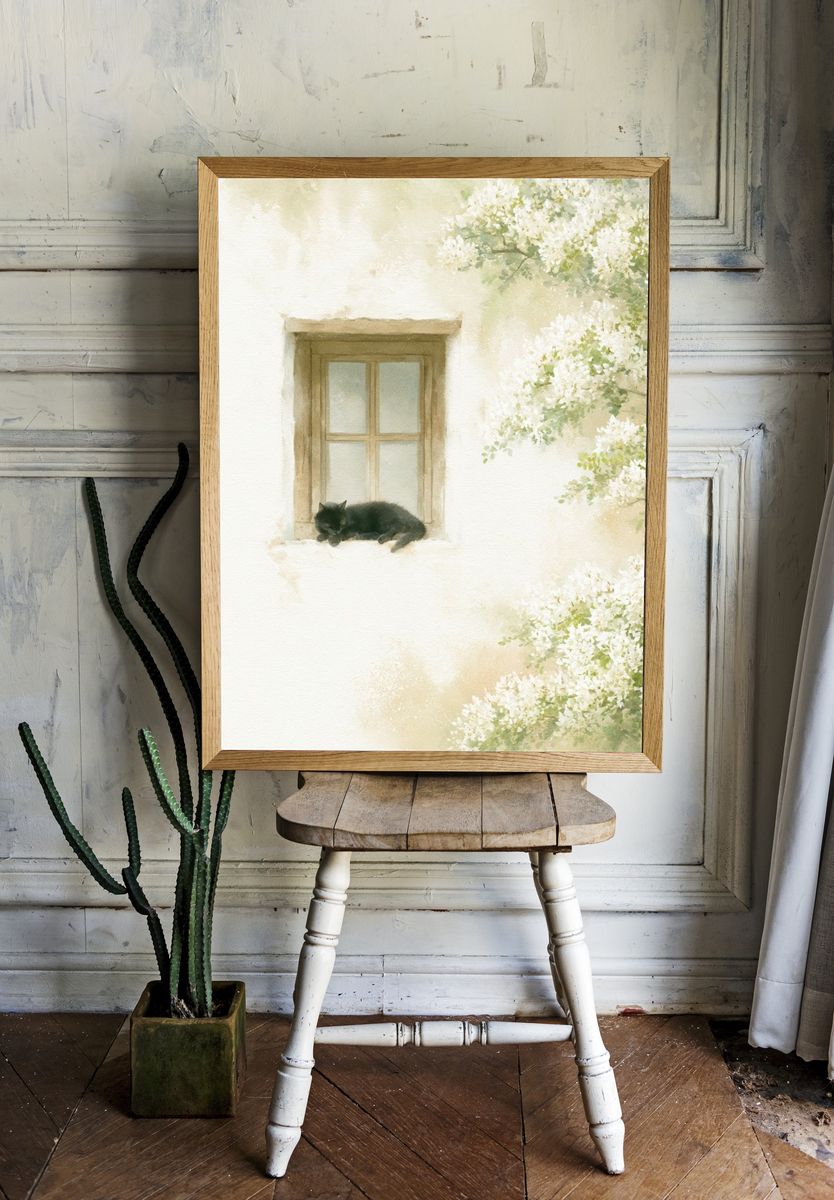 Sleeping Cat Window Watercolor Poster. room preview