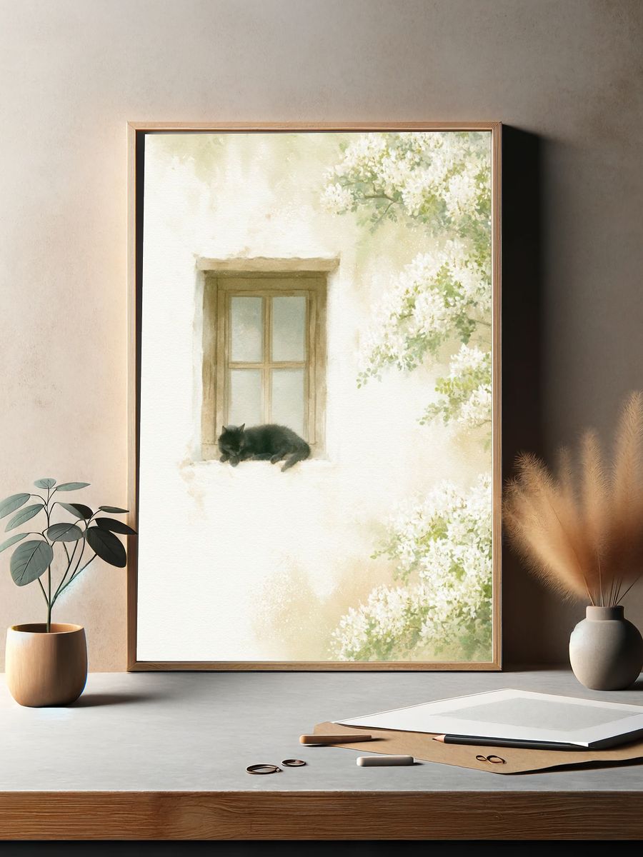 Sleeping Cat Window Watercolor Poster. — room view 2