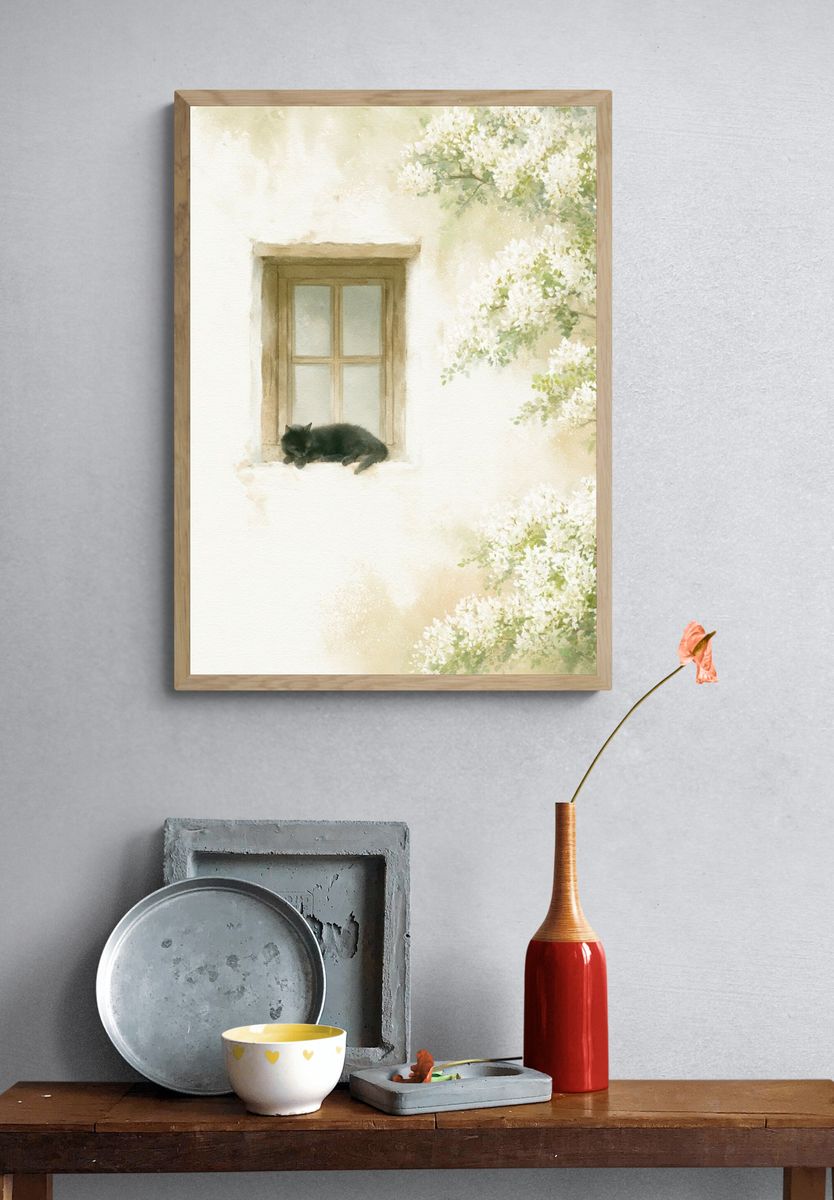 Sleeping Cat Window Watercolor Poster. — room view 3
