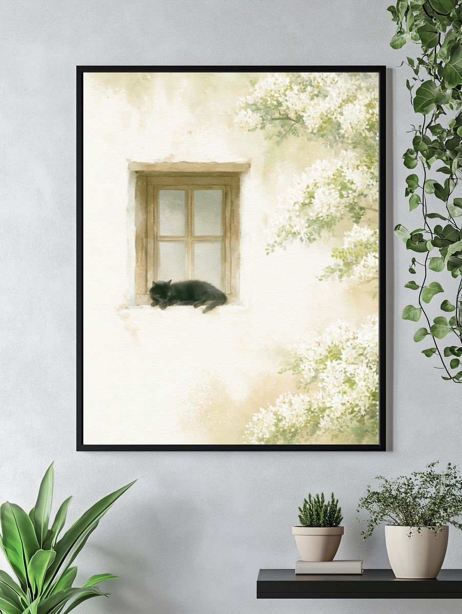 Sleeping Cat Window Watercolor Poster. — room view 4
