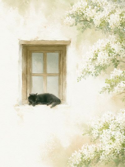 Sleeping Cat Window Watercolor Poster. poster