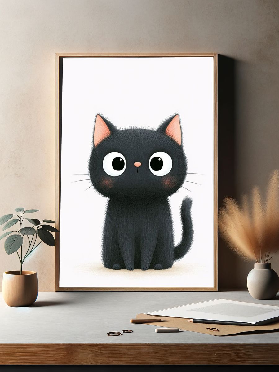 Cute Black Cat Illustration Poster. — room view 2