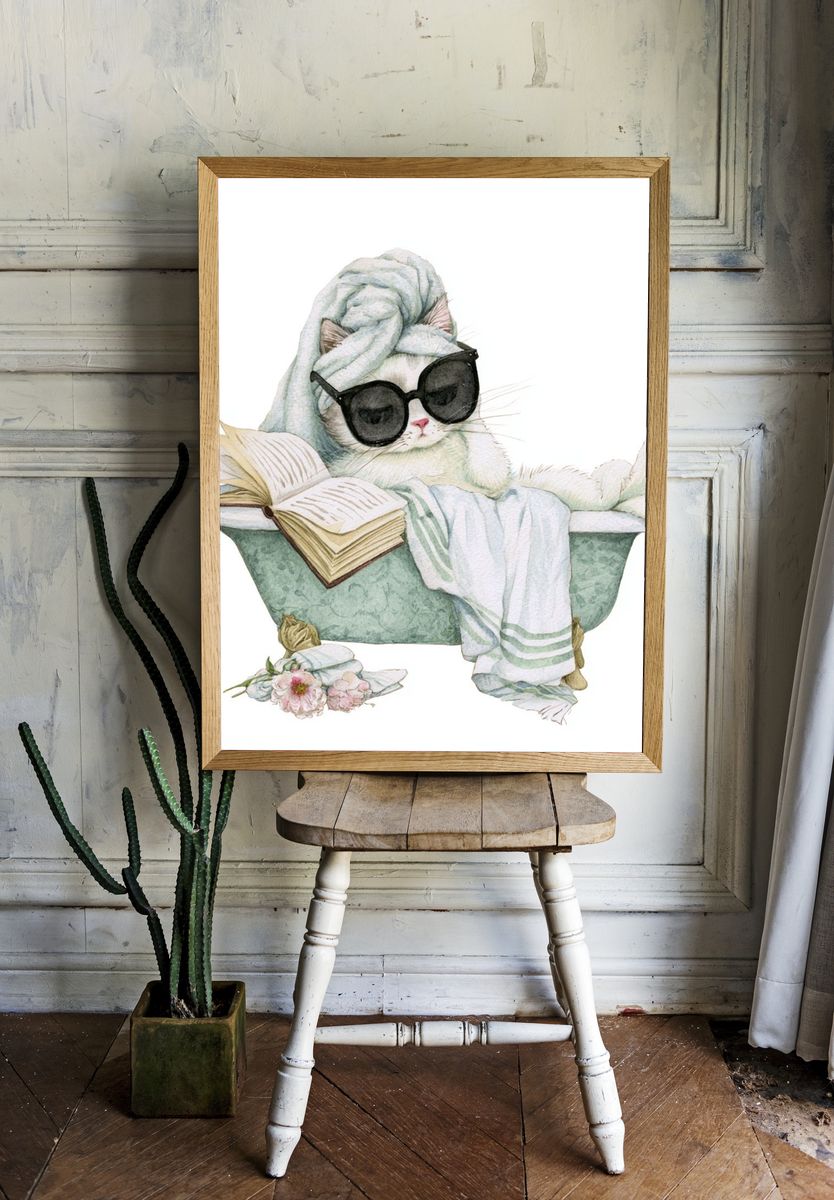 Relaxing Cat Watercolor Poster. — room view 1