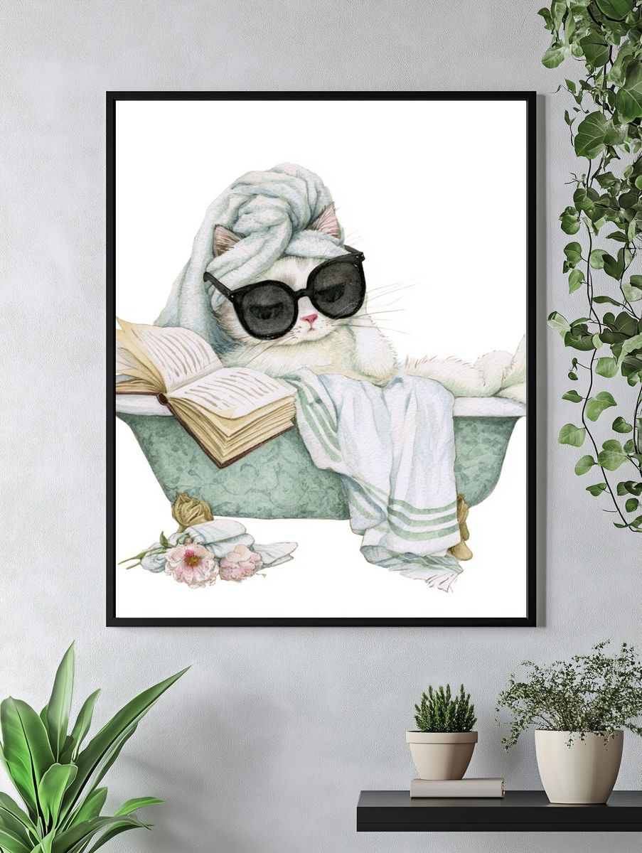 Relaxing Cat Watercolor Poster. — room view 4
