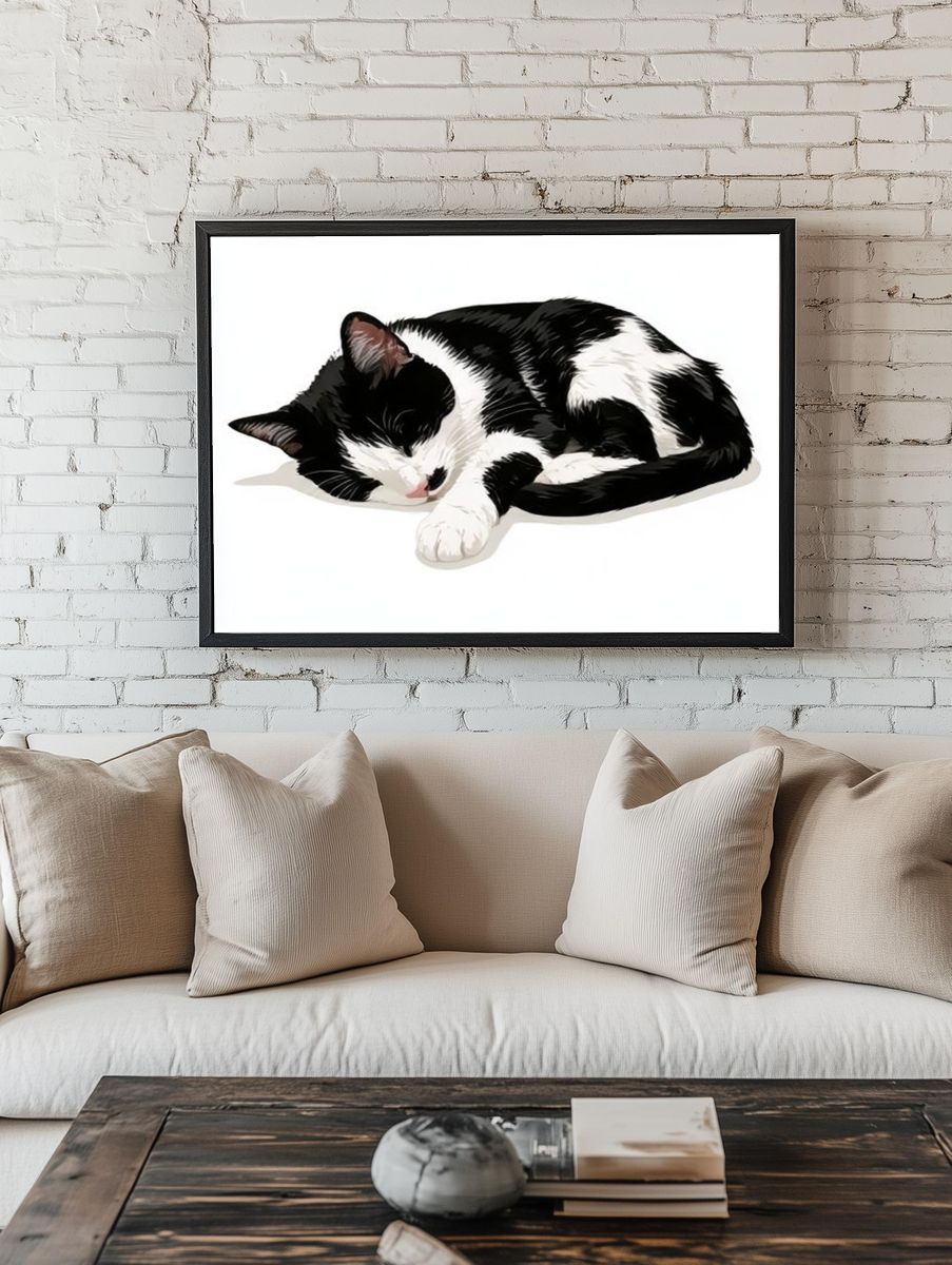 Sleeping Tuxedo Cat Illustration Poster. room preview