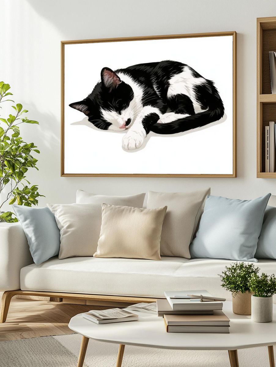 Sleeping Tuxedo Cat Illustration Poster. — room view 2