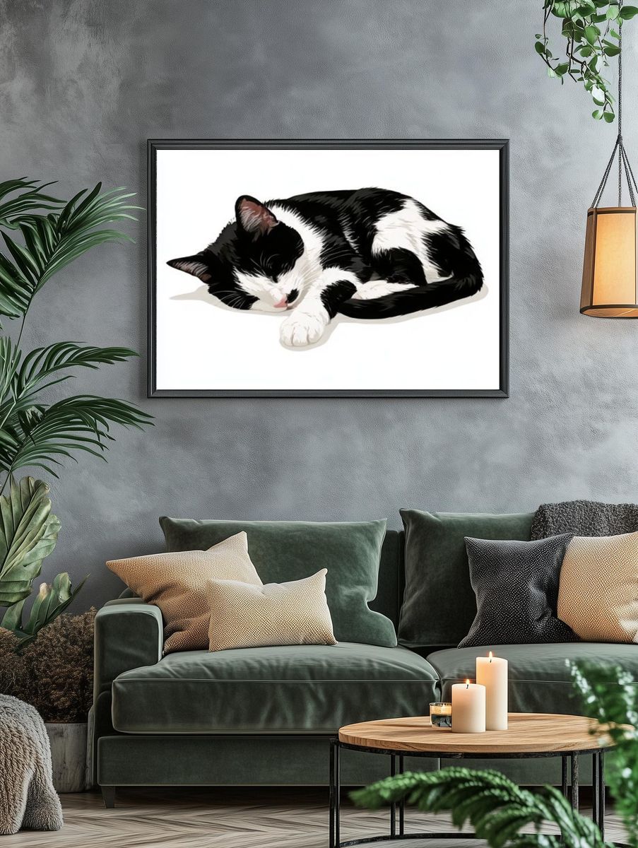 Sleeping Tuxedo Cat Illustration Poster. — room view 4