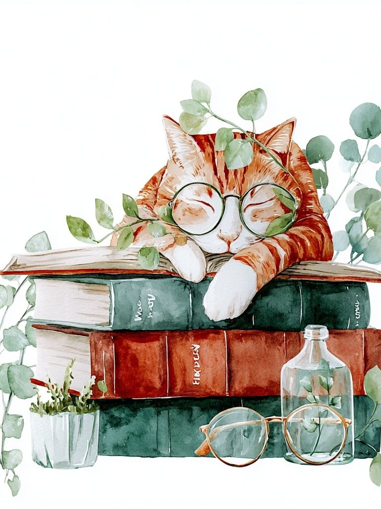 Sleeping Cat on Books — Watercolor Print. poster — illustration art