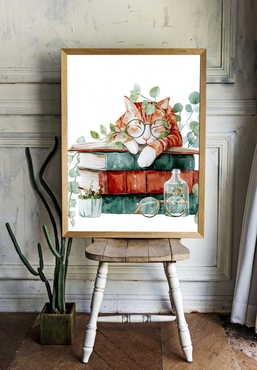 Sleeping Cat on Books — Watercolor Print. — room view 1