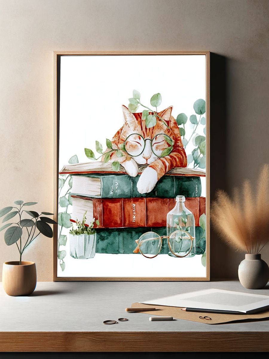 Sleeping Cat on Books — Watercolor Print. — room view 2