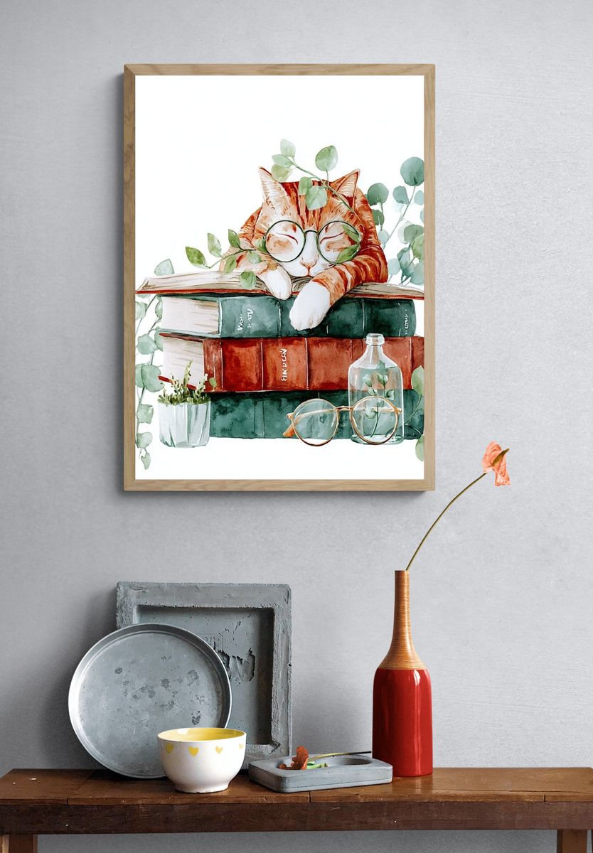 Sleeping Cat on Books — Watercolor Print. — room view 3