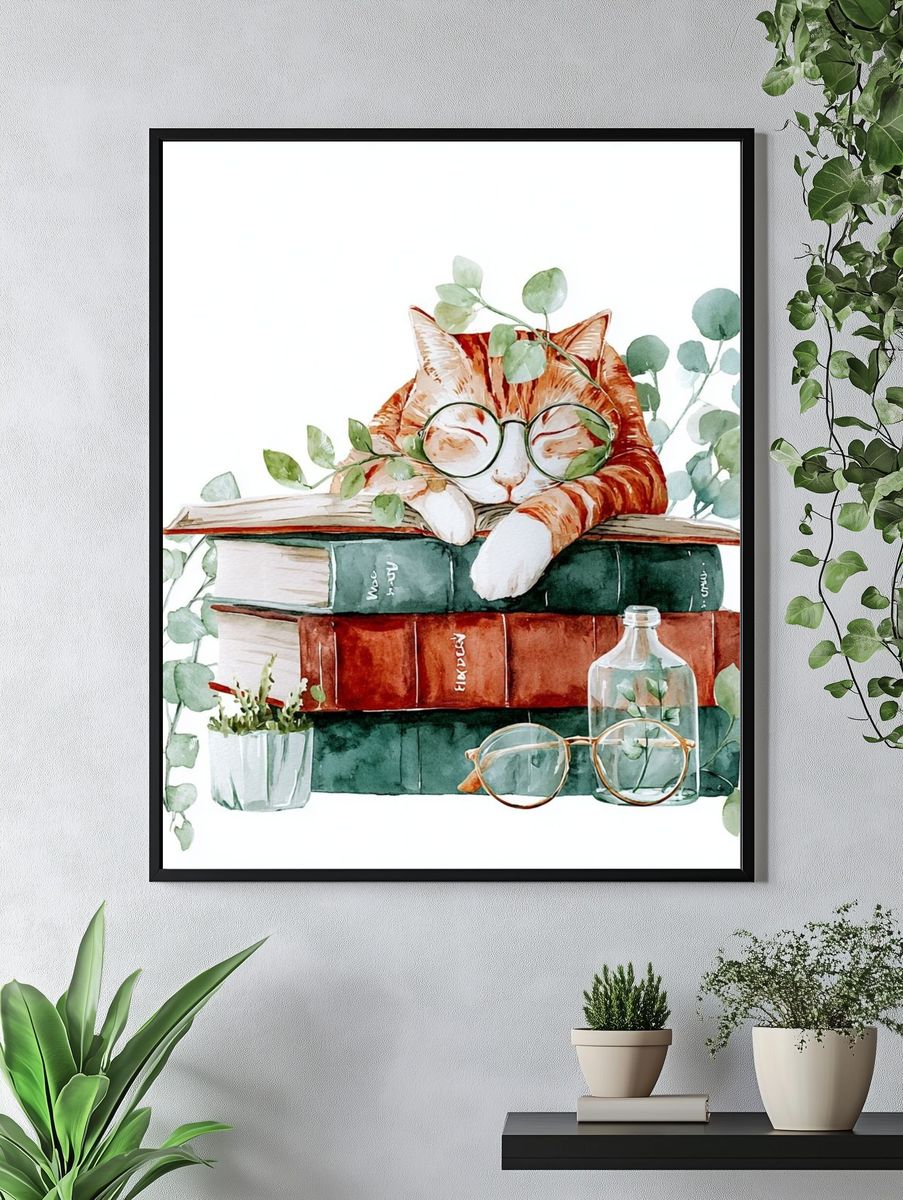 Sleeping Cat on Books — Watercolor Print. — room view 4