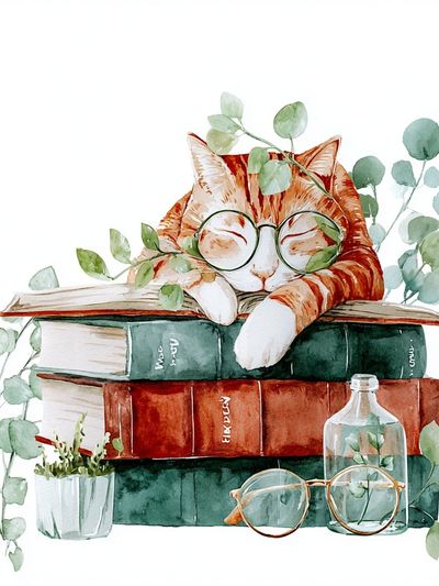 Sleeping Cat on Books — Watercolor Print. poster