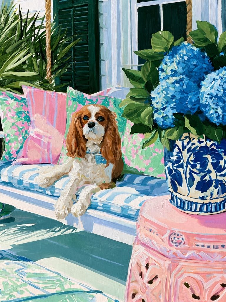 Cavalier Spaniel Porch Poster. poster — illustration art
