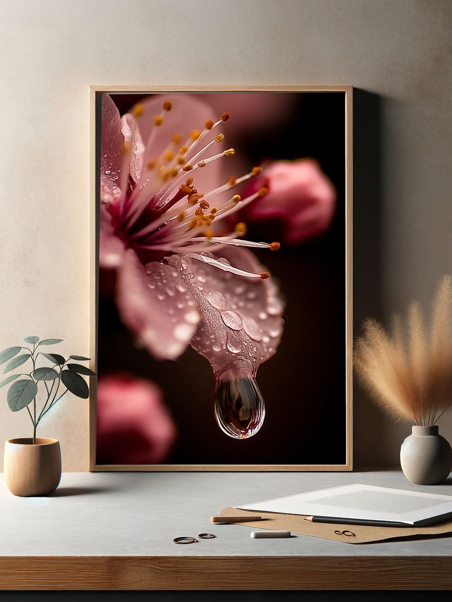 Cherry Blossom Dew Macro Print. — room view 2