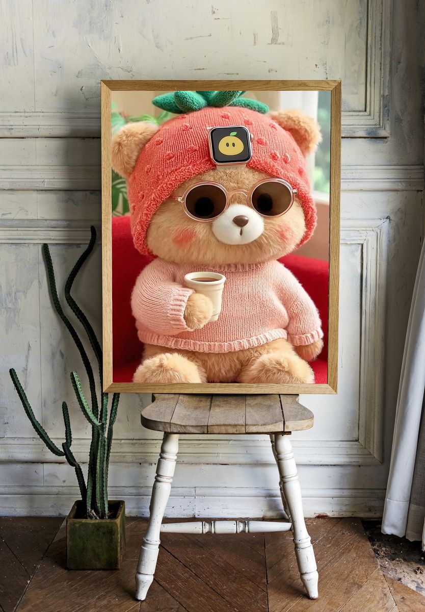 Cute Bear in Strawberry Hat — Illustration Print. — room view 1