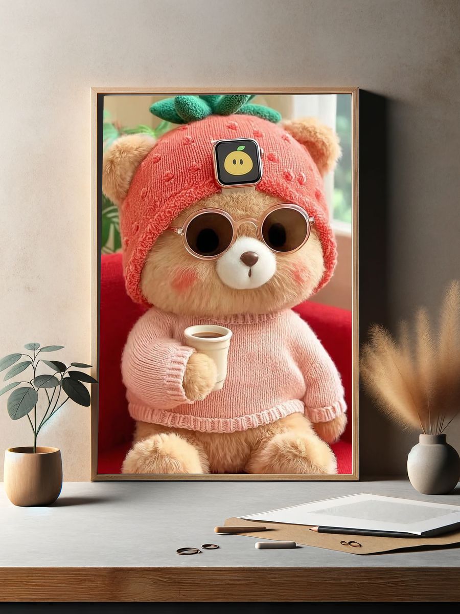 Cute Bear in Strawberry Hat — Illustration Print. — room view 2