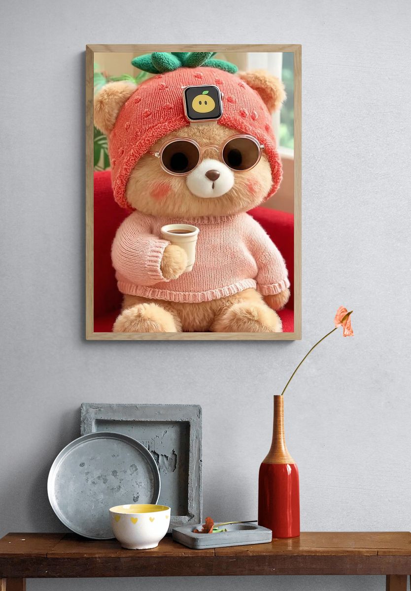 Cute Bear in Strawberry Hat — Illustration Print. — room view 3